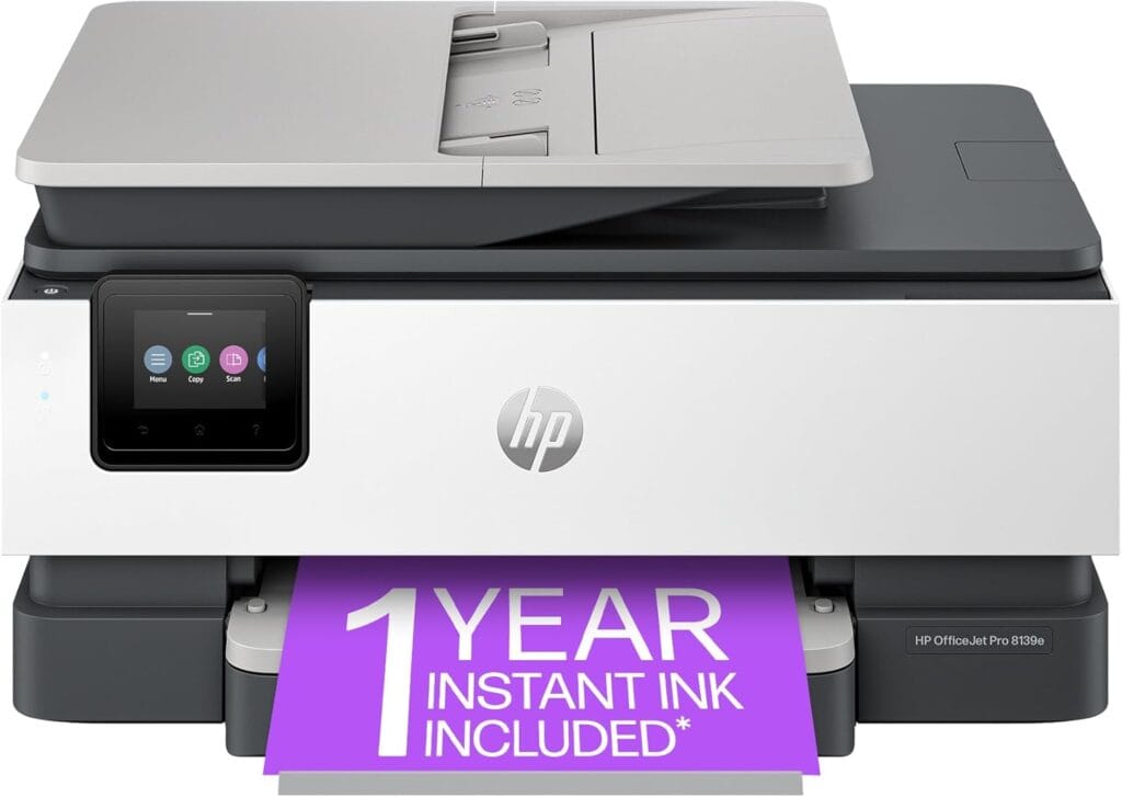 Front view of HP OfficeJet Pro 8139e Wireless All-in-One Inkjet Printer with touchscreen control panel and paper tray