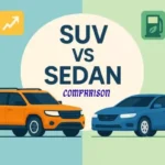 A side-by-side comparison of a SUV vs Sedan parked on a suburban street, with a family loading luggage into the SUV.