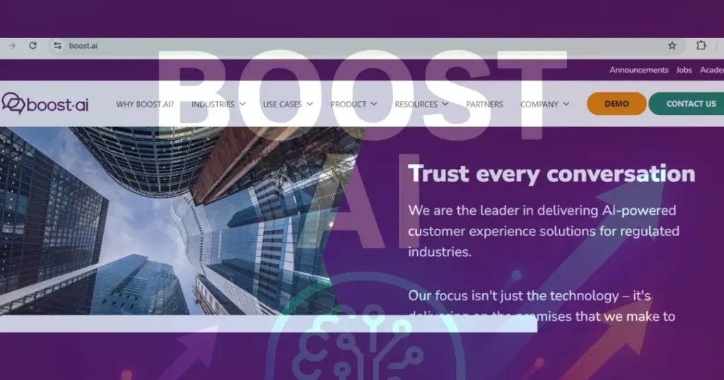 A screenshot of the Boost.ai website with a purple header, the text "Trust every conversation" and "BOOST AI Review by hstech.io", and a background image of modern buildings, promoting AI-powered customer experience solutions.