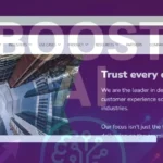 A screenshot of the Boost.ai website with a purple header, the text "Trust every conversation" and "BOOST AI Review by hstech.io", and a background image of modern buildings, promoting AI-powered customer experience solutions.
