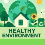 Green home in nature with wind turbines, trees, recycling bin, and sun, promoting a healthy environment.