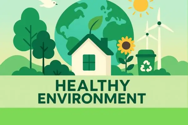 Green home in nature with wind turbines, trees, recycling bin, and sun, promoting a healthy environment.