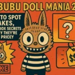 A vibrant graphic featuring a Labubu doll with a blind box, price tag, and fake doll illustration, with text overlays "Labubu Doll Mania 2025" and "How to Spot Fakes, Blind Box Secrets & Why They're So Pricey."