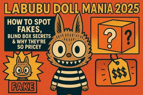 A vibrant graphic featuring a Labubu doll with a blind box, price tag, and fake doll illustration, with text overlays "Labubu Doll Mania 2025" and "How to Spot Fakes, Blind Box Secrets & Why They're So Pricey."