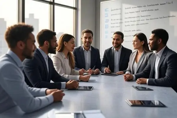A diverse group of six professionals, three men and three women, sit around a large conference table in a modern meeting room, engaged in discussion. A whiteboard with notes is visible in the background.
