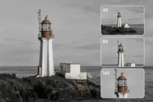A series of images showing a lighthouse at different zoom levels: 1X, 4X, 8X, and 16X, demonstrating the camera’s zoom capability.