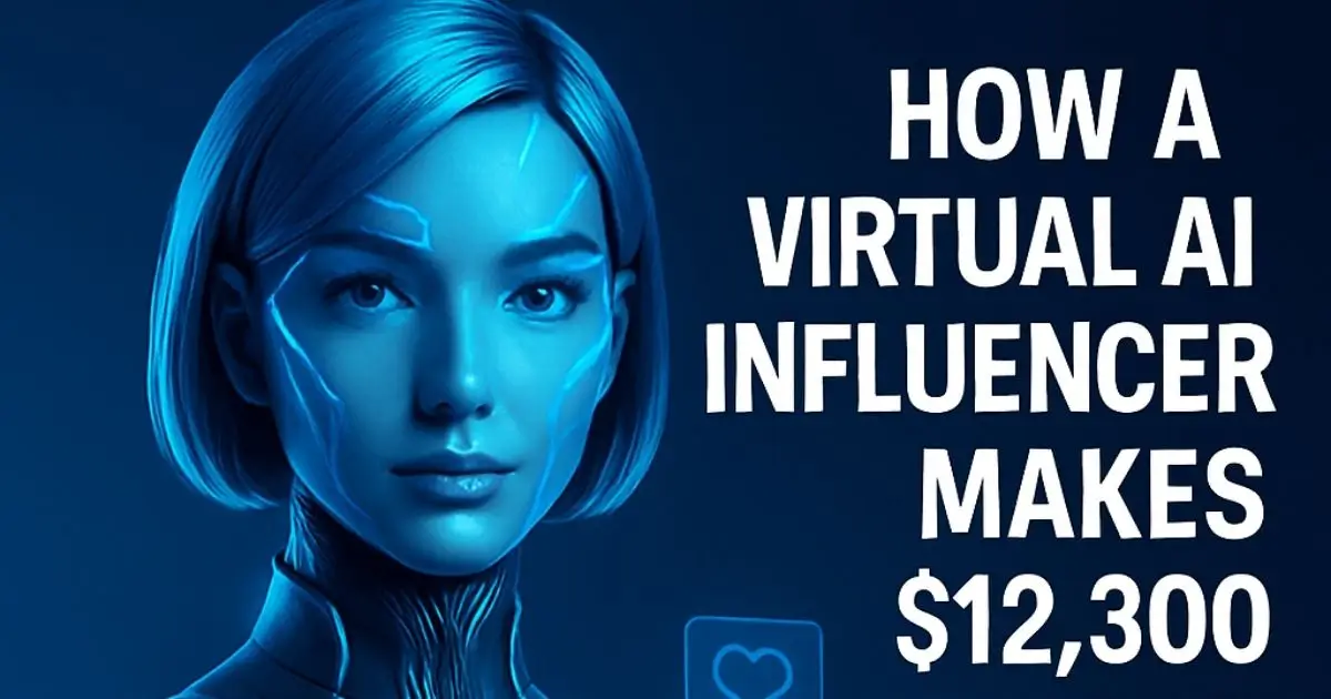 Futuristic female AI avatar holding a holographic smartphone with social media icons, representing a virtual influencer making $12,300 per month.