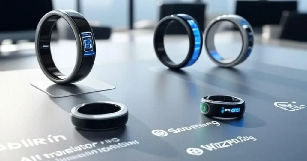 Various AI translator rings displayed on a tech table, showcasing wearable language translation gadgets.