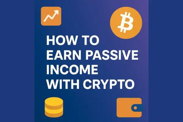 How to earn passive income with cryptocurrency icons and text on a gradient background.