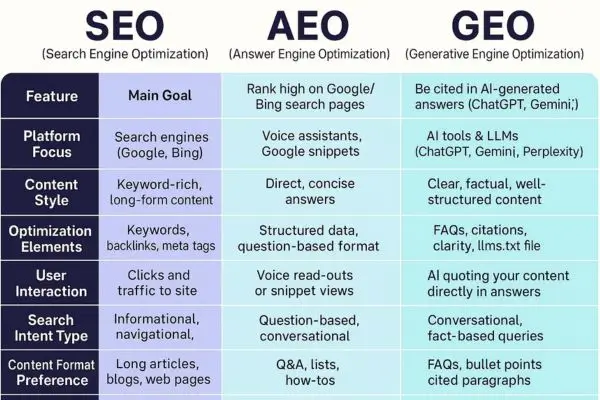 Comparison table showing differences between SEO, AEO, and GEO strategies for search and AI-generated answers