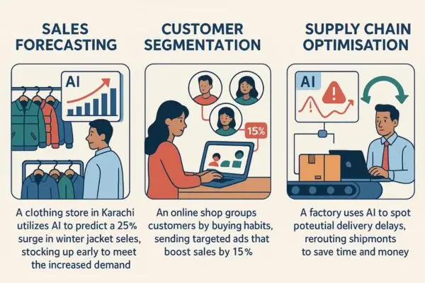 An infographic illustrating three applications of AI in business: Sales Forecasting (man looking at clothes with AI graph), Customer Segmentation (woman on laptop with customer profiles), and Supply Chain Optimisation (man monitoring packages on a conveyor belt with AI alerts).