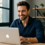 A person working on a laptop about AI Agents in a modern office with a cup of coffee and a bookshelf in the background.