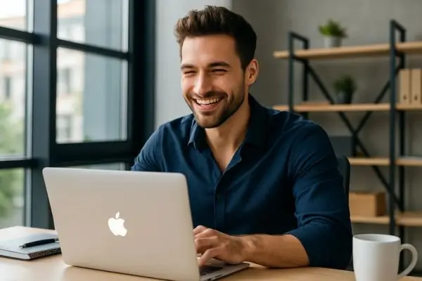A person working on a laptop about AI Agents in a modern office with a cup of coffee and a bookshelf in the background.