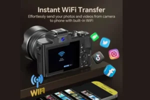 Fulealfly 8K Digital Camera with dual lenses, accessories, and touch screen.