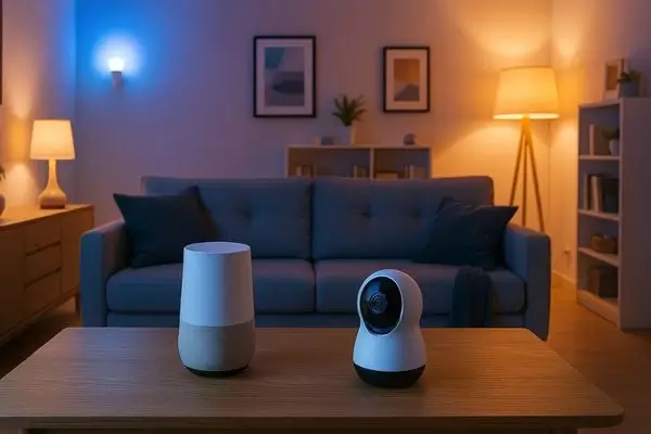 A cozy living room of a smart home voice assistant and security camera on a wooden table, surrounded by automated colorful lighting and a comfortable sofa.