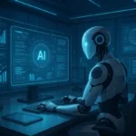 Robot working at a desk with AI screens in a futuristic office.