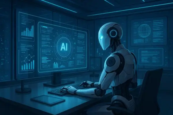 Robot working at a desk with AI screens in a futuristic office.