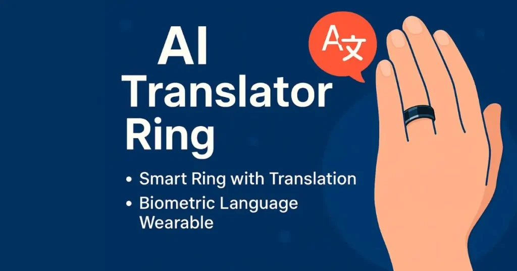 Image of smart translating rings and watches including Acer smart ring, AI translator ring, smart ring with translation, and biometric language wearable, with SpellRing, WIZPR Ring, Samsung Galaxy Ring, and Oura Ring designs in a futuristic office setting