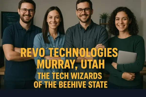A diverse team of four smiling professionals standing together in an office, with text overlay reading "Revo Technologies Murray, Utah - The Tech Wizards of the Beehive State."