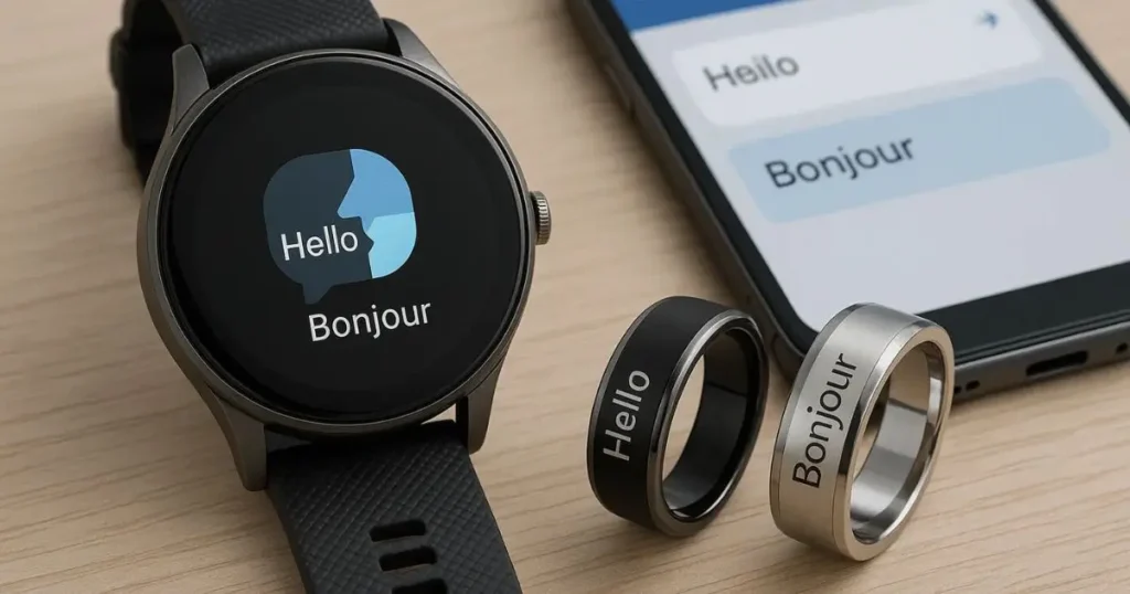 Smartwatch and rings showing the words "Hello" and "Bonjour" for demonstrating AI-based language translation.