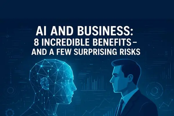 A dark blue graphic with the title "AI AND BUSINESS: 8 INCREDIBLE BENEFITS - AND A FEW SURPRISING RISKS