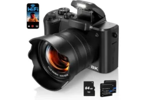 Fulealfly 8K Digital Camera with dual lenses, accessories, and touch screen.
