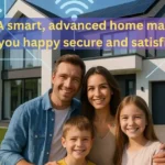 A happy family standing in front of a modern smart home with icons representing security cameras, smart lights, and a mobile app for control.