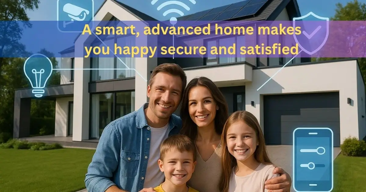 A happy family standing in front of a modern smart home with icons representing security cameras, smart lights, and a mobile app for control.