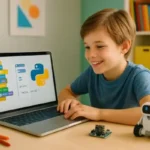 Abstract illustration of a boy with a glowing brain, connected to code snippets, data graphs, and a laptop, symbolizing learning programming.