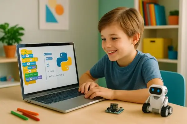 Abstract illustration of a boy with a glowing brain, connected to code snippets, data graphs, and a laptop, symbolizing learning programming.