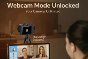 A person using a black digital camera on a tripod as a webcam during a video call on a laptop, with a split screen showing multiple participants.