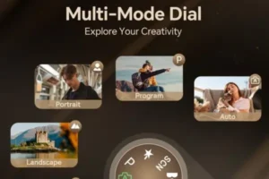 A multi-mode dial on a camera with options like Portrait, Program, Auto, and Landscape, each paired with sample images of people and scenery.