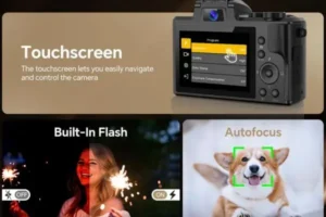 A camera with a touchscreen displaying settings, a built-in flash illuminating a person with sparklers, and an autofocus feature tracking a dog.