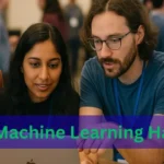 A group of four diverse individuals collaborating around a laptop at a tech event, with the text "Is Machine Learning Hard" overlaid in bold green and purple.