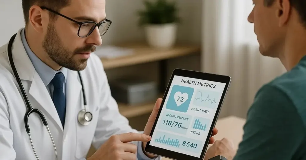 A doctor and patient reviewing health metrics on a tablet using IoT and machine learning technology.