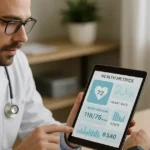 A doctor and patient reviewing health metrics on a tablet using IoT and machine learning technology.