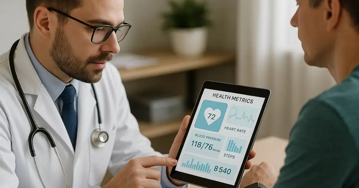 A doctor and patient reviewing health metrics on a tablet using IoT and machine learning technology.