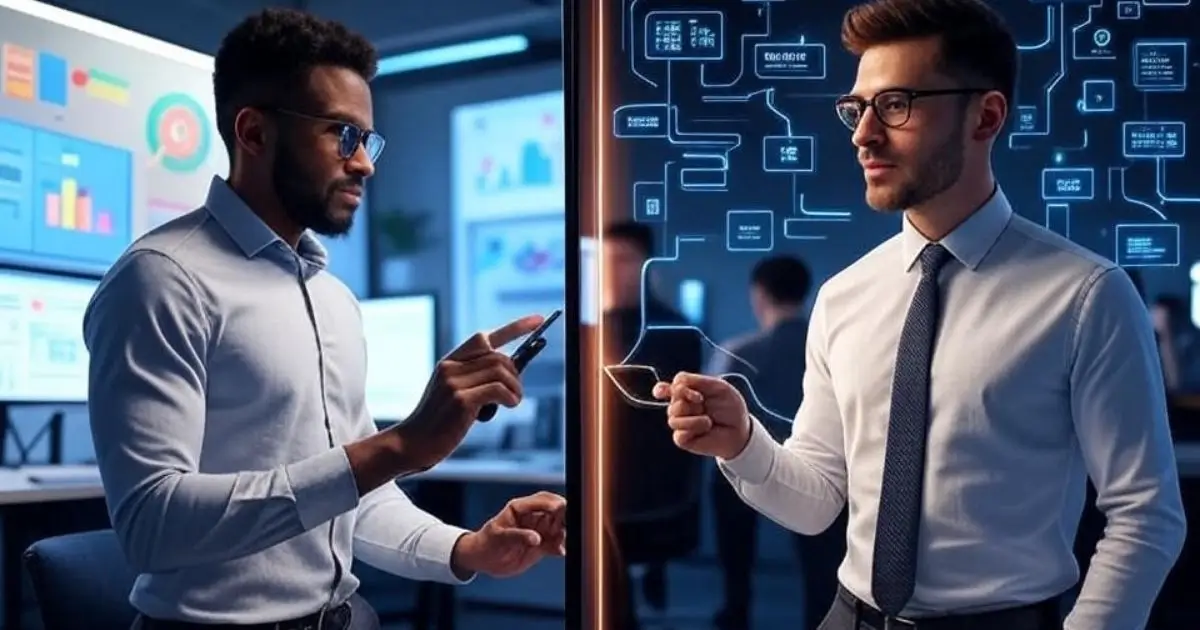 Two professionals in a high-tech office, one analyzing data charts and the other interacting with holographic code, divided by a glowing line.