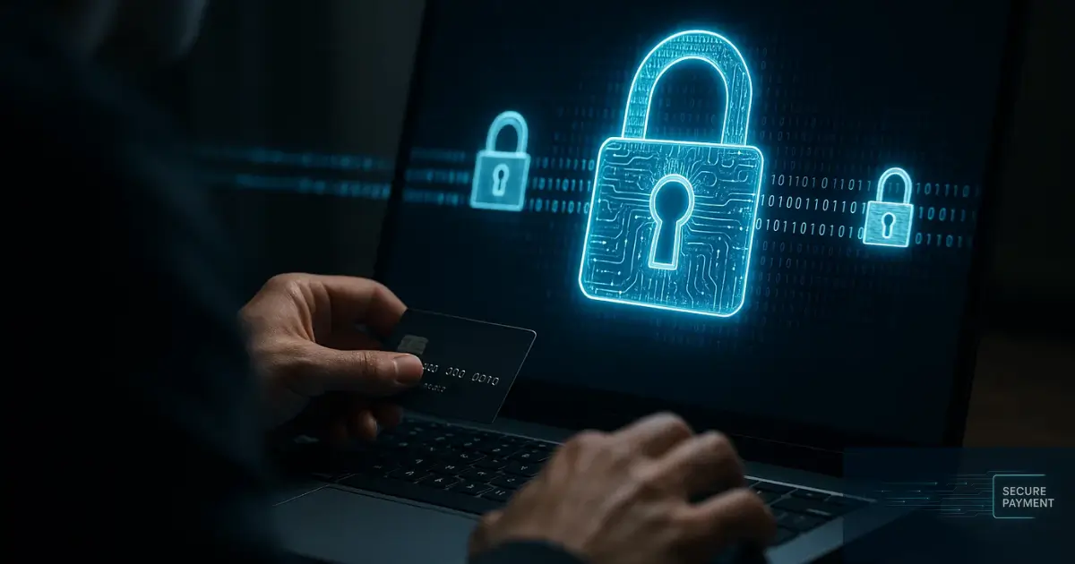 A person holding a credit card in front of a laptop with a glowing digital padlock on the screen.