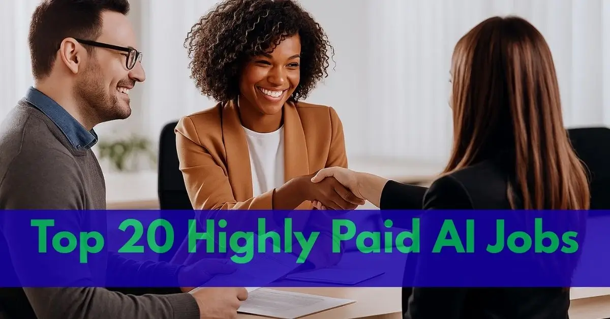 Two business professionals smiling and shaking hands across a desk during a meeting, with text "Top 20 Highly Paid AI Jobs" overlaid.