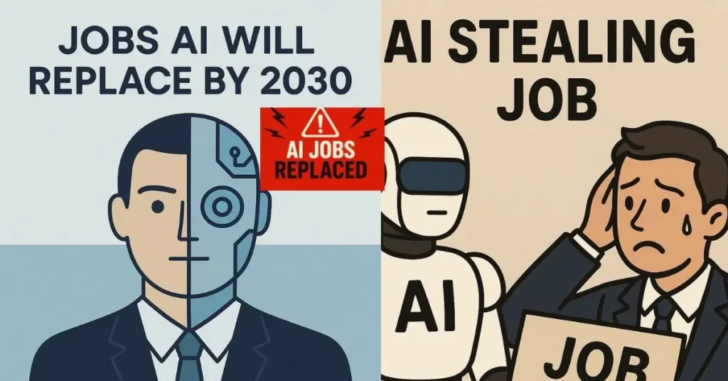A split-screen illustration showing a futuristic half-human, half-robot face on the left with text "JOBS AI WILL REPLACE BY 2030," and a worried man with a robot on the right with text "AI STEALING JOB."