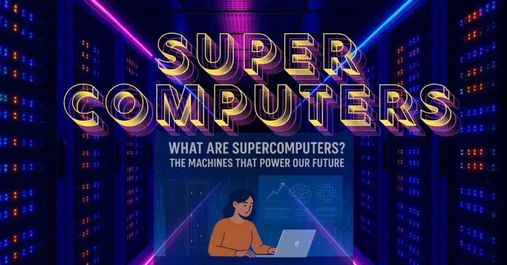 what is supercomputer? An illustration with the text "SUPERCOMPUTERS" and "What are Supercomputers? The Machines That Power Our Future" over an image of a person with a laptop in a futuristic server room.