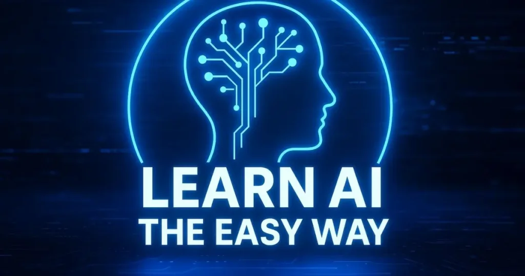 A neon-lit graphic of a human head with a circuit brain and the text "Learn AI the Easy Way," representing an accessible and futuristic approach to AI education.