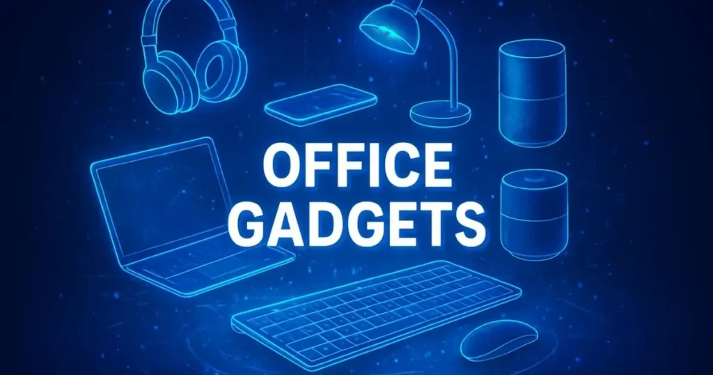 A digital illustration of various office gadgets including a laptop, headphones, desk lamp, smartphone, keyboard, mouse, and smart speakers, with the text "Office Gadgets" in the center.