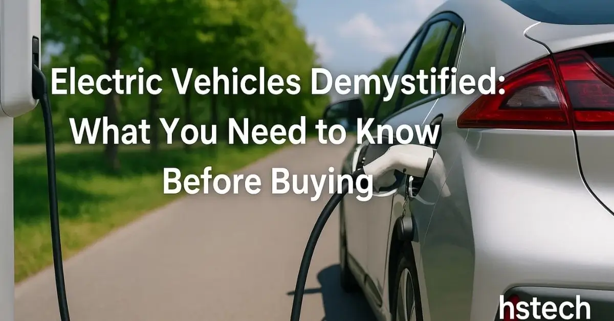 Electric car charging at roadside station with text overlay “Electric Vehicles Demystified: What You Need to Know Before Buying.”