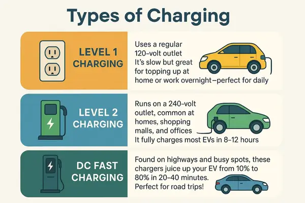 EVs vs Gas Cars: An infographic illustrating the three types of EV charging: Level 1, Level 2, and DC Fast Charging.