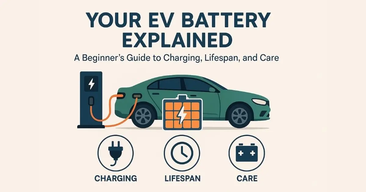 An infographic showing an electric car connected to a charging station, with icons for charging, lifespan, and care.