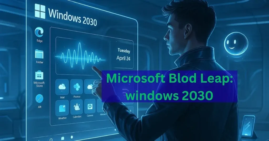 A person interacting with a holographic Windows 2030 interface, featuring app icons and a date display, with the text "Microsoft Blod Leap: windows 2030" overlaid.