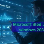 A person interacting with a holographic Windows 2030 interface, featuring app icons and a date display, with the text "Microsoft Blod Leap: windows 2030" overlaid.