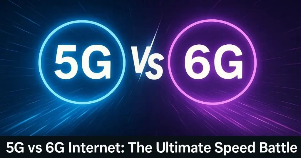 Neon-lit 5G versus 6G graphic with a dark background and the text "5G vs 6G Internet: The Ultimate Speed Battle".